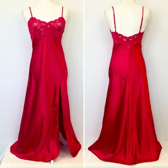 90s Victoria’s Secret Silky Satin Red Stretch Lace Vintage Maxi Gown Slip Dress - Picture 9 of 9